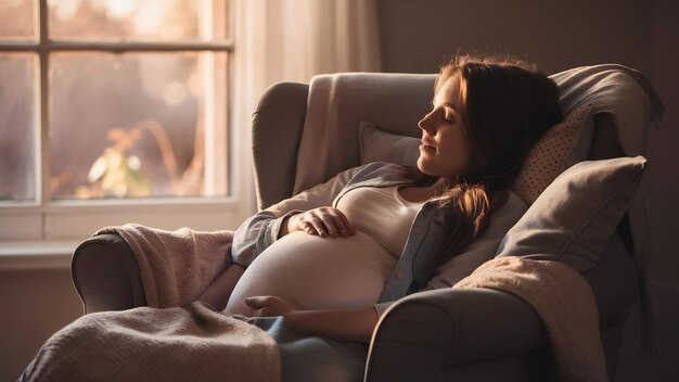 Young pregnant female sleeping on an armchair