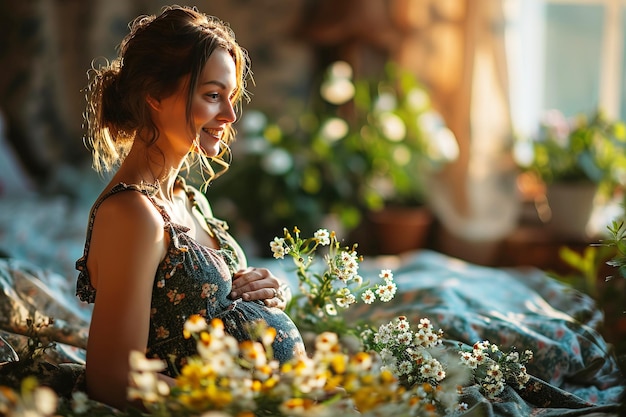 A young pregnant woman against a background of beautiful colored flowers