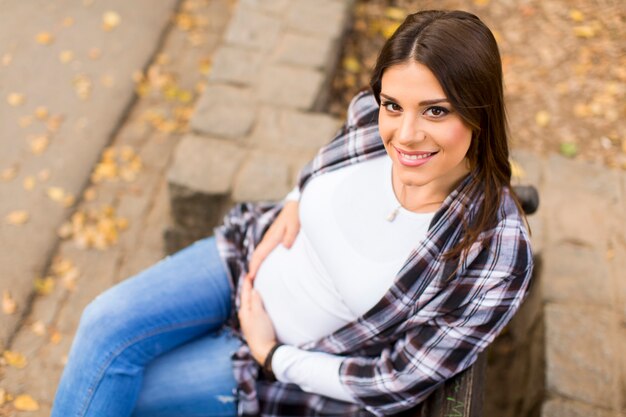 Young pregnant woman in the autumn park