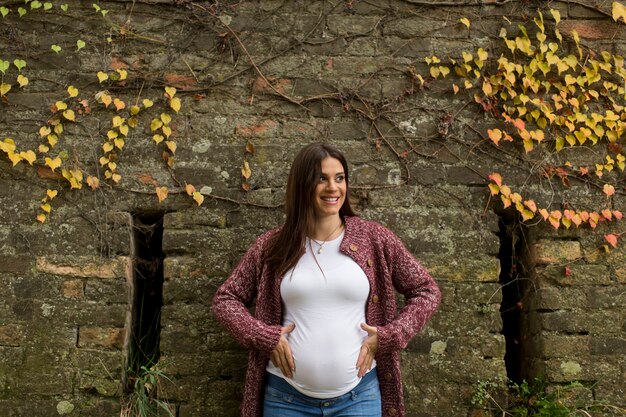 Young pregnant woman in the autumn park