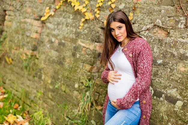 Young pregnant woman in the autumn park