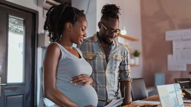 Photo a young pregnant woman and her husband are looking at a book together the woman is smiling and holding her belly