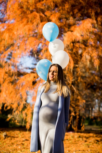 Photo young pregnant woman with balloons in the autumn park