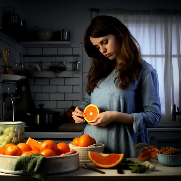 Photo young pregnant woman with cut orange in kitchen