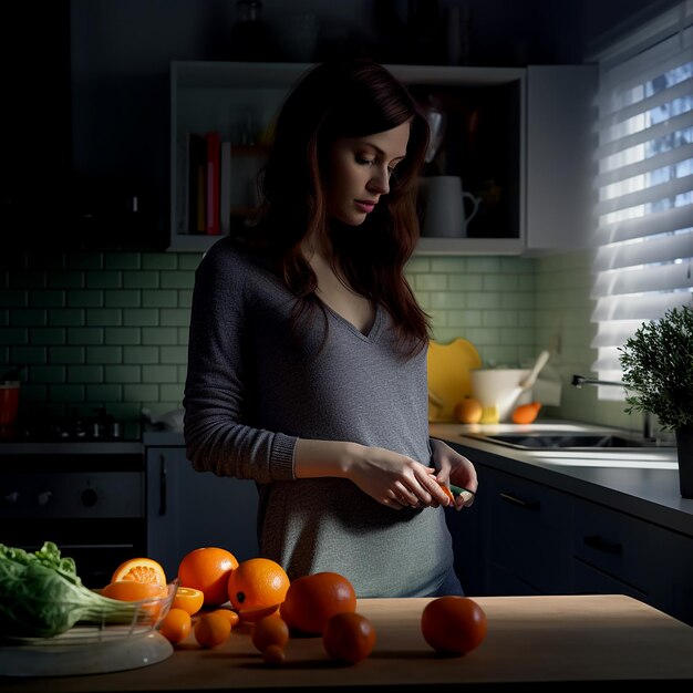 Photo young pregnant woman with cut orange in kitchen