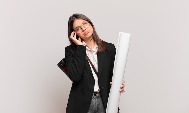 Young pretty architect woman feeling bored, frustrated and sleepy after a tiresome, dull and tedious task, holding face with hand