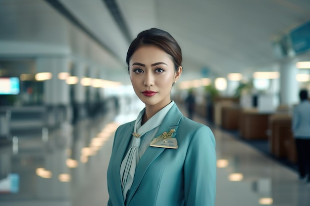 写真 空港ターミナルに立つケバヤの制服を着た若いかなりアジア人の客室乗務員の女性