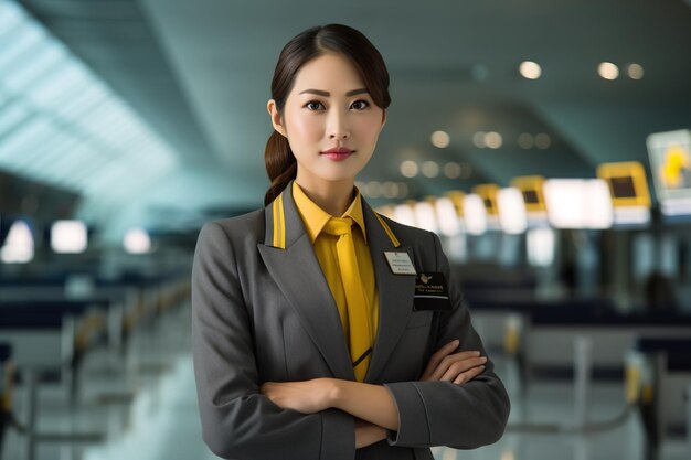 young pretty asian flight attendant woman in Javanese blouse standing in airport terminal