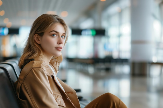 Young pretty blond woman in a beige trench coat waiting for the boarding in the airport lounge zone