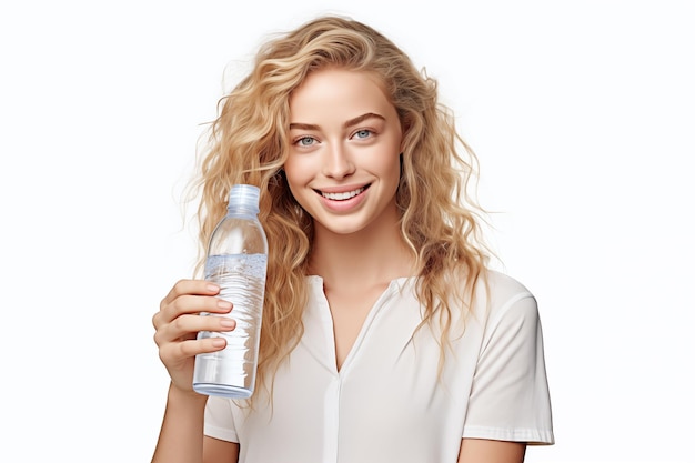 Foto giovane bella ragazza bionda su uno sfondo bianco isolato che tiene una bottiglia d'acqua