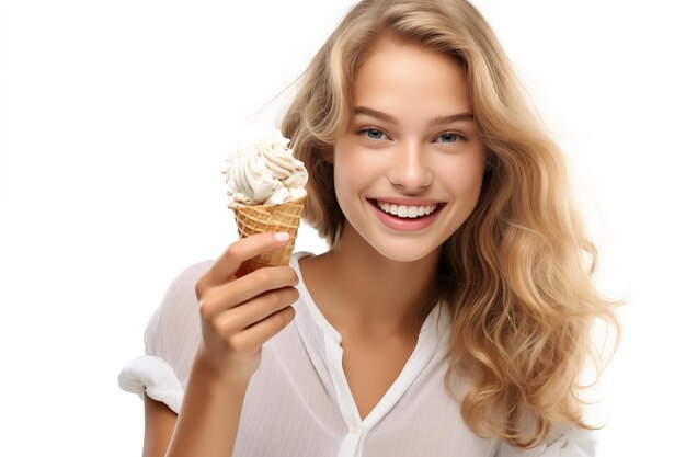 Foto giovane bella ragazza bionda su uno sfondo bianco isolato con un gelato di cornetta