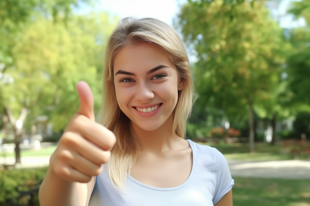 Young pretty blonde girl at outdoors in a park with thumb up