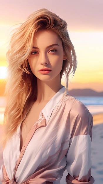 Young and pretty blonde girl portrait in the beach generative ai