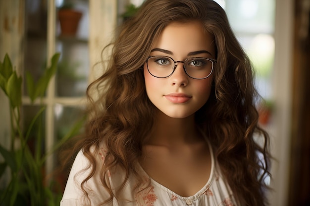 Photo young pretty brunette girl at indoors with glasses