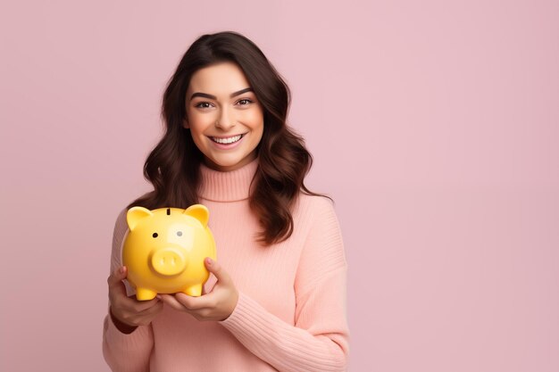 Young pretty brunette girl over isolated colorful background holding a piggybank