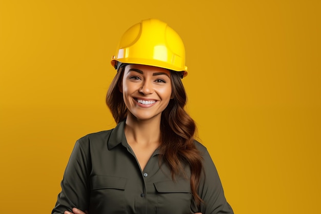 Young pretty brunette girl over isolated colorful background with worker cap