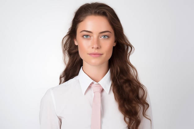 Foto giovane bella ragazza bruna su uno sfondo bianco isolato in uniforme d'affari