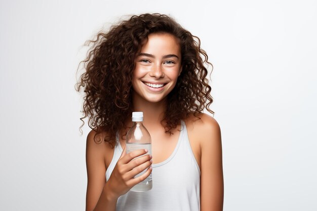 물 한 병을 들고 고립 된 색 배경 에 젊은 예쁜 갈색 소녀