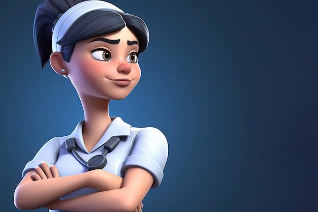 Young and pretty Caucasian nurse in uniform with arms crossed Closeup shot on a blue background