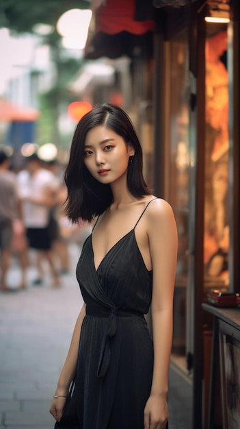 Young and Pretty Chinese Woman in a Dress Posing for Camera on a City Street