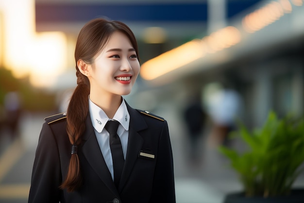 外で飛行機のスタッフをしている美しい若い中国人女性