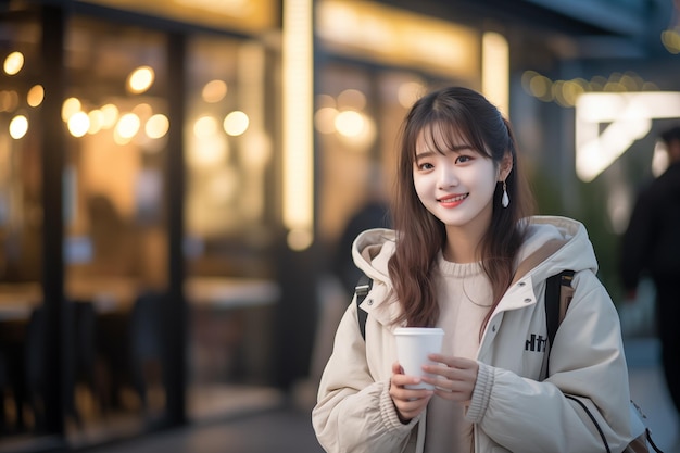 Young pretty Chinese woman at outdoors holding a take away coffee