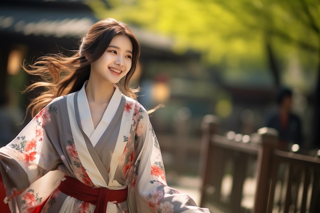 Young pretty Chinese woman at outdoors wearing a kimono