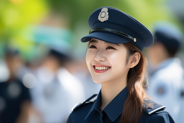 Young pretty Chinese woman at outdoors with police uniform