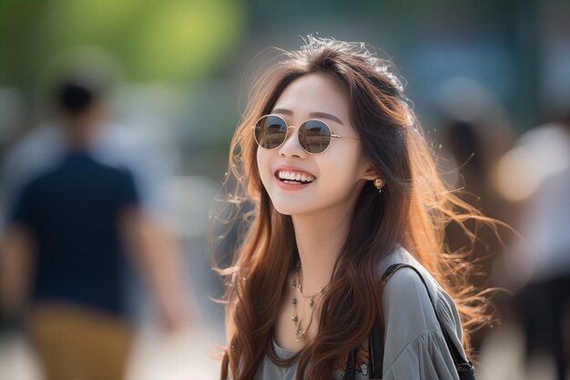 선글라스를 끼고 야외에서 젊고 예쁜 중국 여성