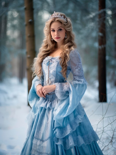 환상적인 드레스를 입은 젊은 예쁜 크리스마스 스노우 메이든 소녀