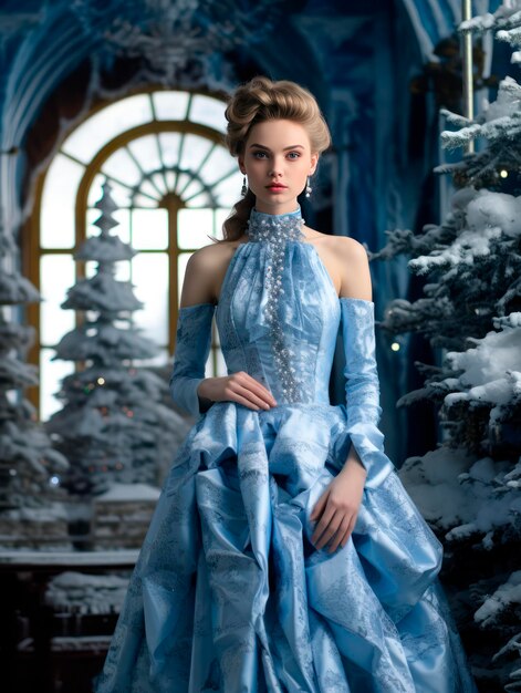 Young pretty Christmas Snow Maiden girl in a fantastic dress