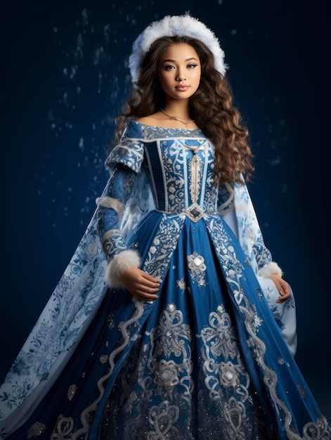 Young pretty Christmas Snow Maiden girl in a fantastic dress