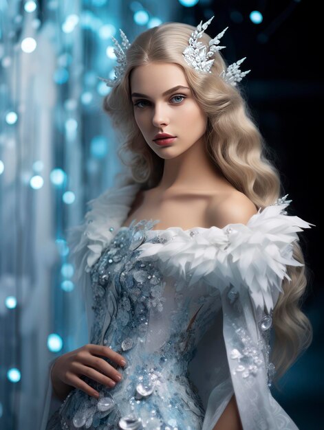 Young pretty Christmas Snow Maiden girl in a fantastic dress