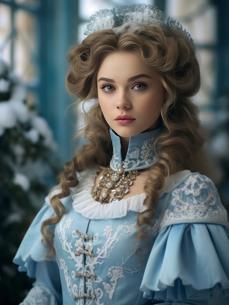 Young pretty Christmas Snow Maiden girl in a fantastic dress