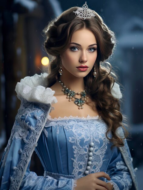 Young pretty Christmas Snow Maiden girl in a fantastic dress