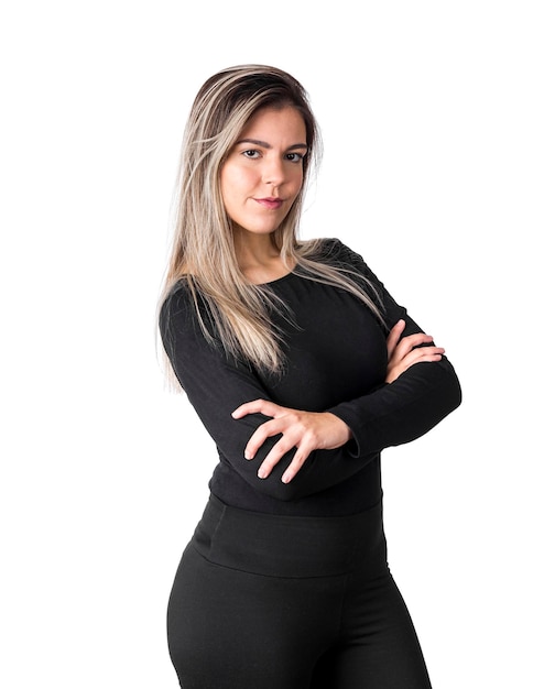 Young pretty confident manager business woman cross arms isolated on white background