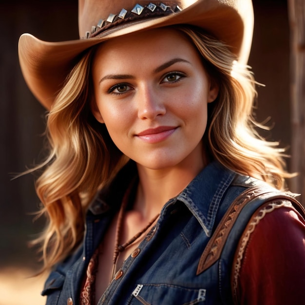 Young pretty cowgirl female cowgirl smiling and confident in Western ranch