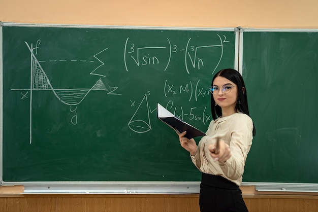 Young pretty female teacher writing on a chalkboard completing mathematical equations in classroom