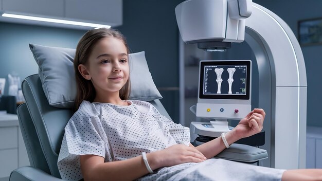 Young pretty girl on examination in a modern clinic by densitometry checking the density of bone