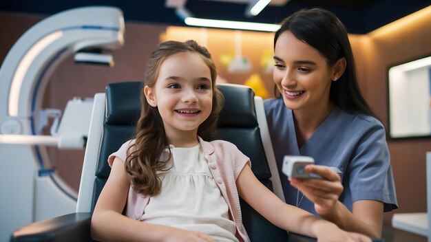 Photo young pretty girl on examination in a modern clinic by densitometry