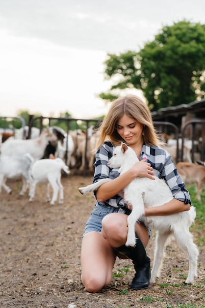 A young pretty girl poses on a ranch with goats and other
animals. agriculture, livestock breeding.