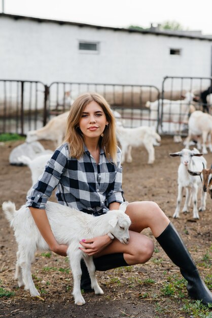 A young pretty girl poses on a ranch with goats and other
animals. agriculture, livestock breeding.