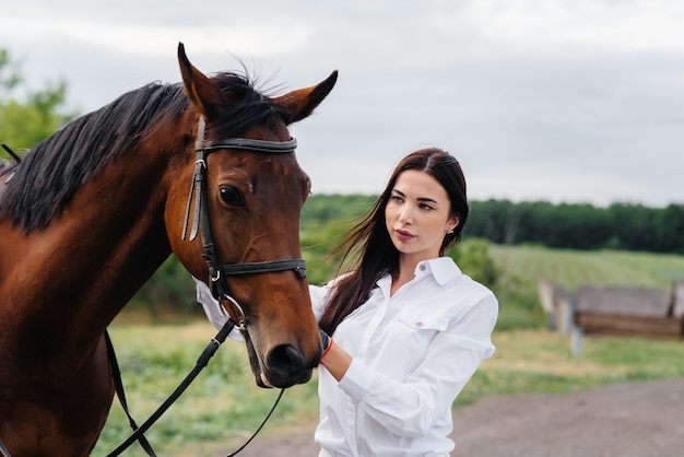 A young pretty girl rider poses near a thoroughbred stallion on a ranch