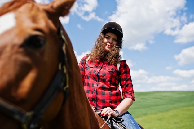 Young pretty girl riding a horse on a field at sunny day.