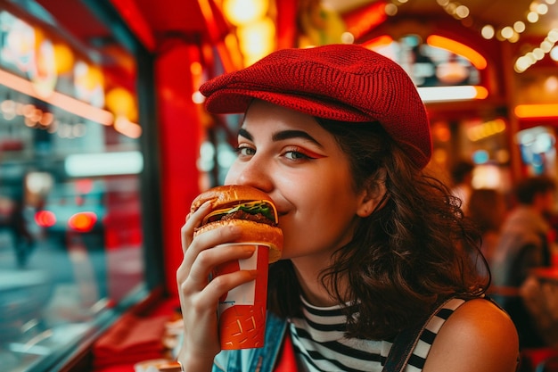 Photo young pretty girl with fast food