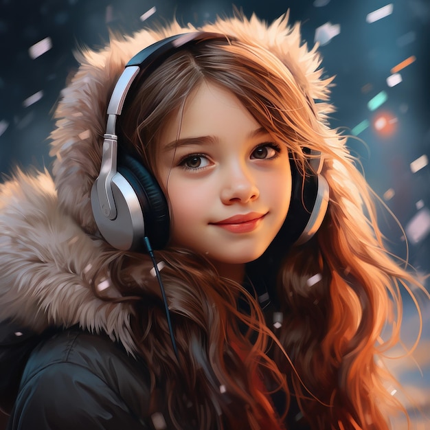 Young pretty girl with headphones on her ears Generative AI