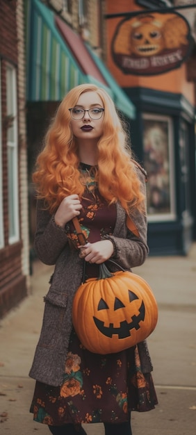 Молодая красивая девушка с длинными волосами в костюме, похожая на маленькую ведьму, играющую и вращающую генеративный ИИ