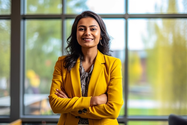 Young pretty Indian woman holding a document and sitting in front of the computer in the office