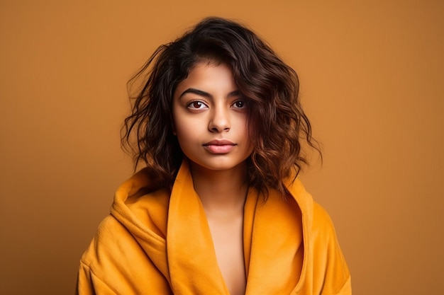 Photo young pretty indian woman wearing bathrobe generative ai