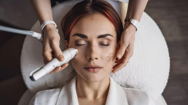 Foto giovane bella signora che ha gli occhi chiusi mentre un estetista esperto tiene in mano un laser speciale e r